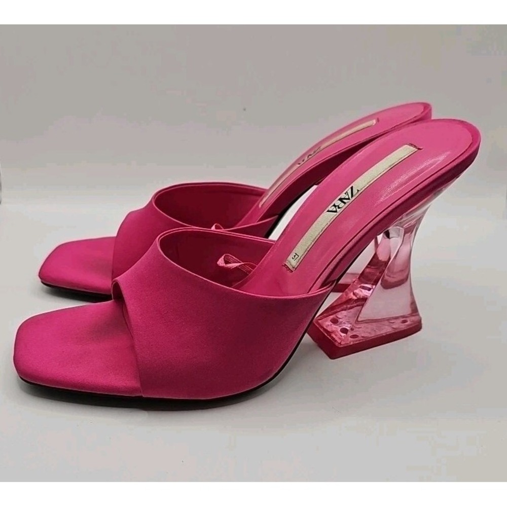 Zara 6.5 Pink Satin Heeled Methacrylate Sandals Heels‎ Glam Sexy Girl 170 - Picture 2 of 9
